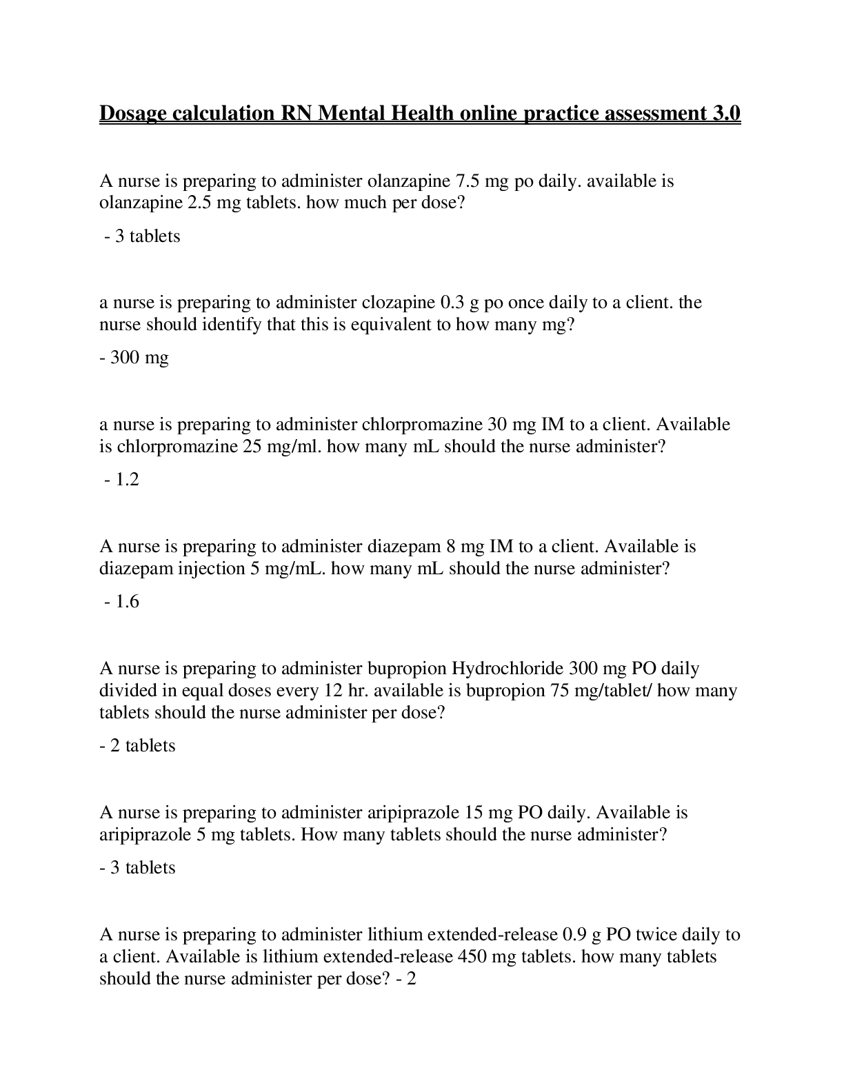 Preview image for (Answered) Dosage calculation RN Mental Health assessment 3.0 2022